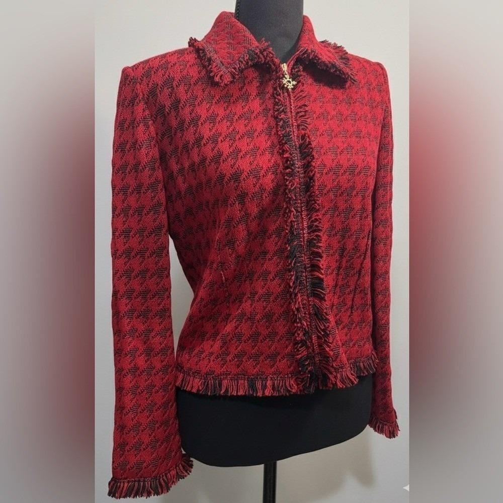 St John Collection Red Black Houndstooth Zip Jacket Blazer Old Money Elegant 4 - Picture 2 of 9